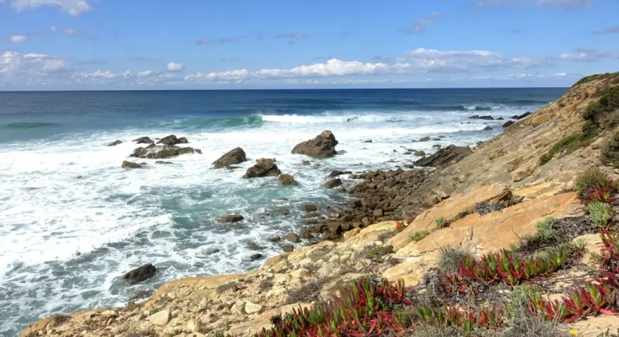 Fischerweg Portugal: Felsenküste mit Wellen, blauem Himmel und Wolken. Sukkulenten wachsen am Hang.
