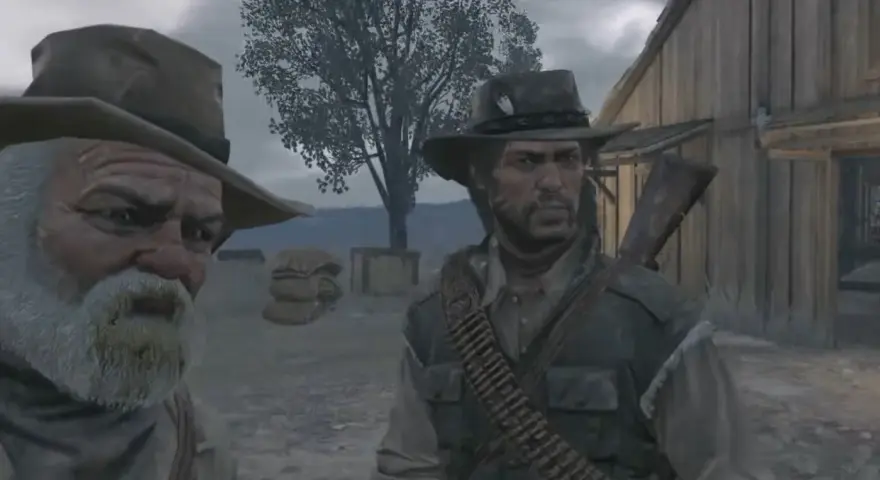 Dwóch kowbojów, jeden starszy z siwą brodą, drugi młodszy, w grze Red Dead Redemption 2 na PS5 w 60fps.