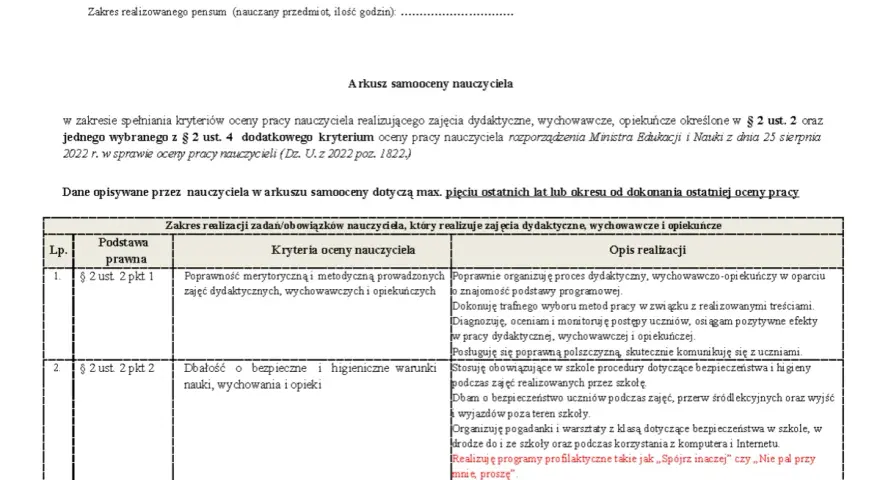 Arkusz samooceny nauczyciela zgodny z rozporządzeniem w sprawie oceny pracy nauczyciela.