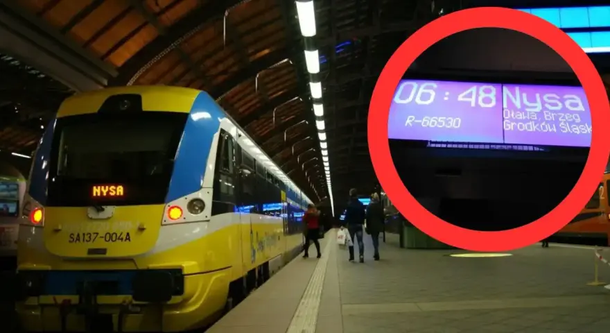 Pociąg Nysa na peronie, gotowy do odjazdu do Wrocławia. Na tablicy informacyjnej widnieje godzina 06:48 i cel podróży.