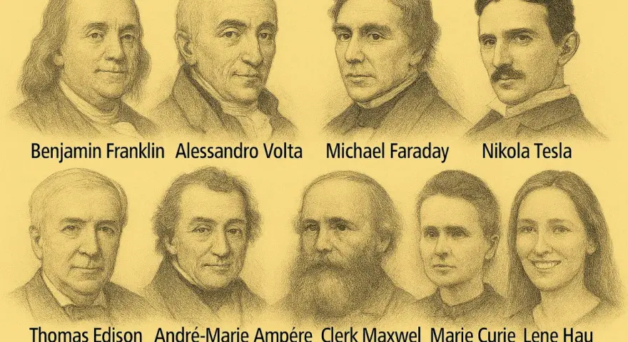 Retratos de personajes de la edad moderna: Benjamin Franklin, Alessandro Volta, Michael Faraday, Nikola Tesla, Thomas Edison, André-Marie Ampère, Clerk Maxwell, Marie Curie y Lene Hau.