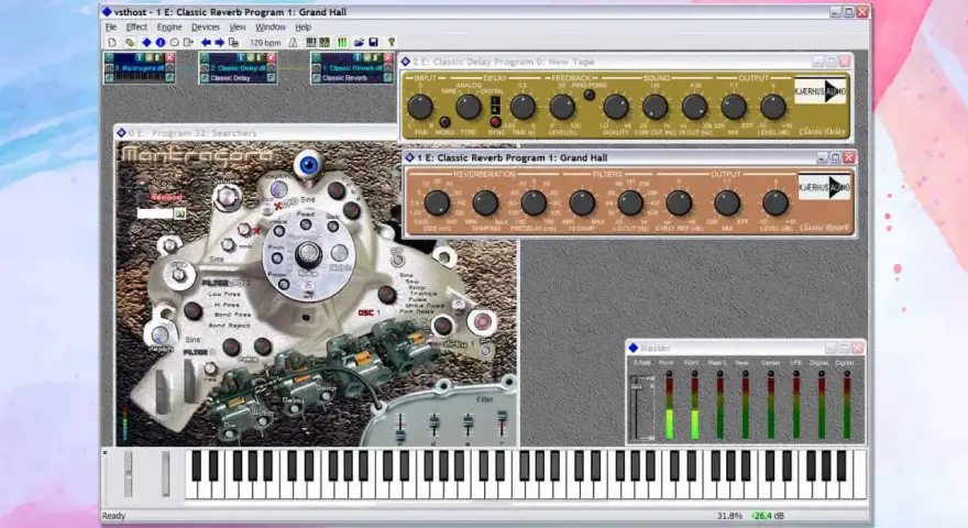 Ein Bildschirm mit einem kostenlosen VST-Host, der verschiedene Audio-Effekt-Plugins wie Reverb und Delay anzeigt.