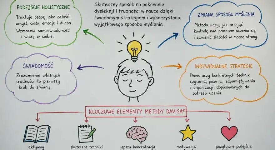 Metoda Davisa pokazuje, że dysleksja to nie choroba, lecz sposób myślenia. Uczy świadomych strategii, holistycznego podejścia i indywidualnych technik.