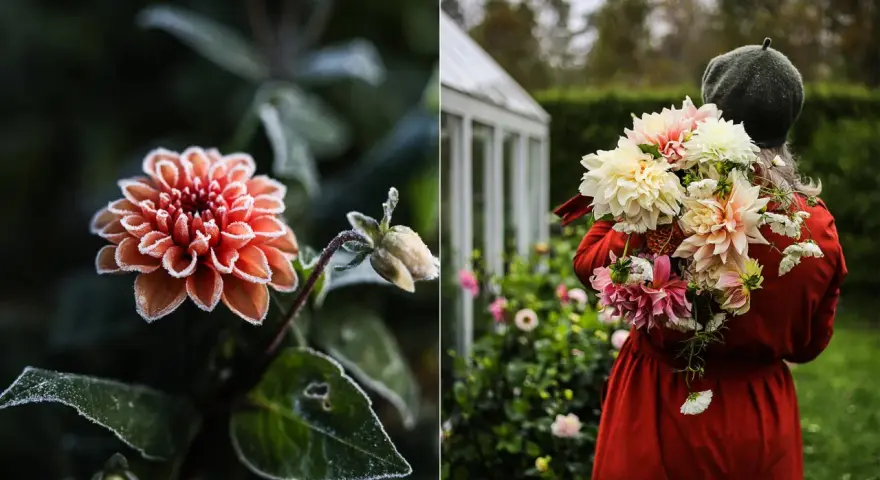 En frostig orange dahlia i närbild. Till höger bär en person en bukett med guldvatten dahlior framför ett växthus.