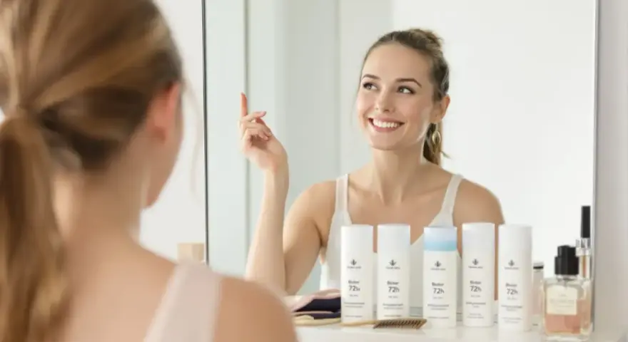 Uśmiechnięta kobieta w łazience, przed lustrem, z produktami "Bloker 72h" - najskuteczniejszy bloker potu.