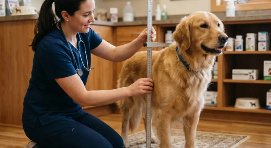 Vétérinaire mesurant la taille au garrot d'un golden retriever dans une clinique.