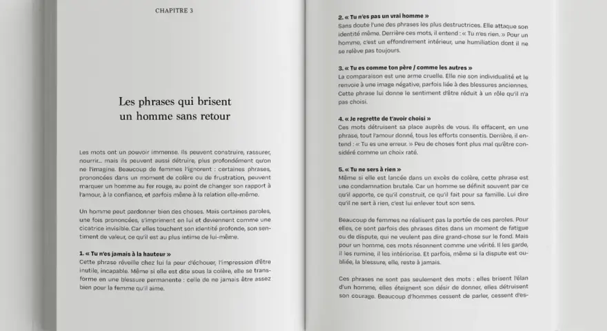 Chapitre 3 : Comprendre les sous-entendus des hommes. Les mots peuvent détruire. Ce texte explore les phrases qui blessent profondément un homme, affectant son identité et sa valeur.
