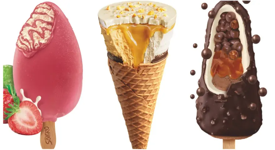 Tre läckra glassnyheter 2026: en rosa Solero med jordgubb, en våffla med karamell och nötter, samt en chokladglass med krispiga kulor.