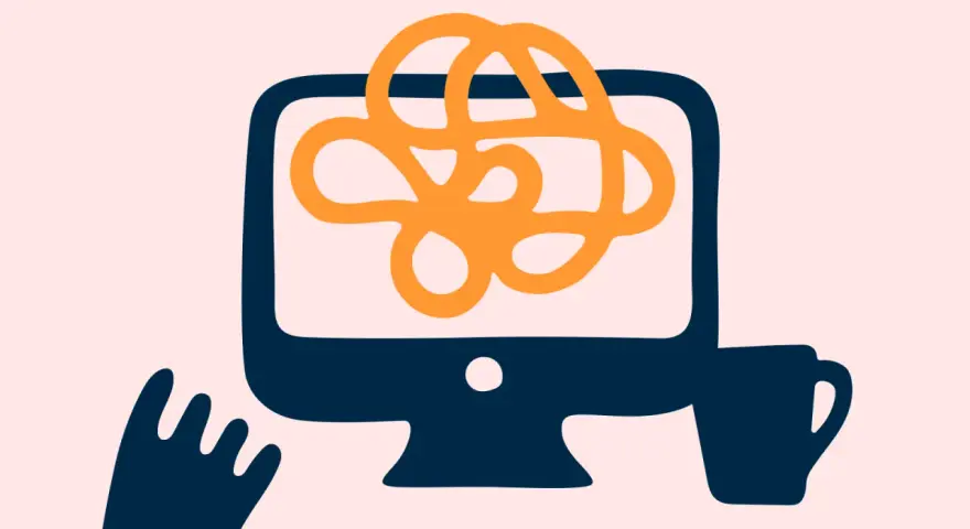 En person med en hand som sträcker sig mot en dator där en orange trassel symboliserar att hen klarar inte av att jobba. En mugg står bredvid.