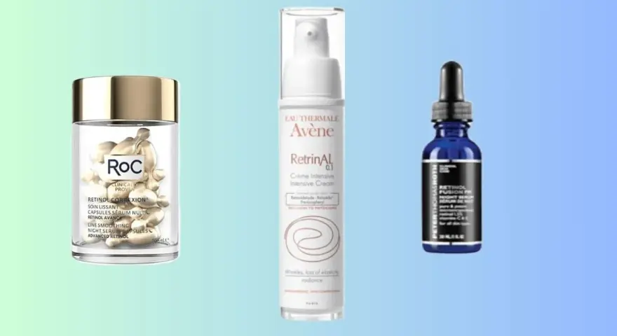 Trois produits de soin anti-âge : capsules RoC, crème Avène RetrinAL et sérum Peter Thomas Roth. Le rétinol, c'est quoi ? Un ingrédient clé pour la peau.
