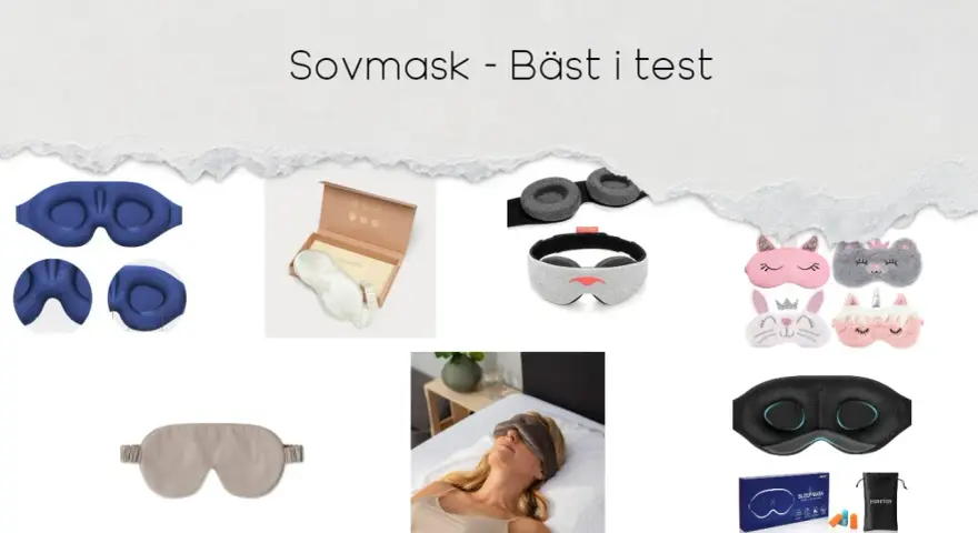 En samling sovmasker, inklusive en lyxig sovmask i satin, en blå 3D-sovmask och flera roliga djurmasker.