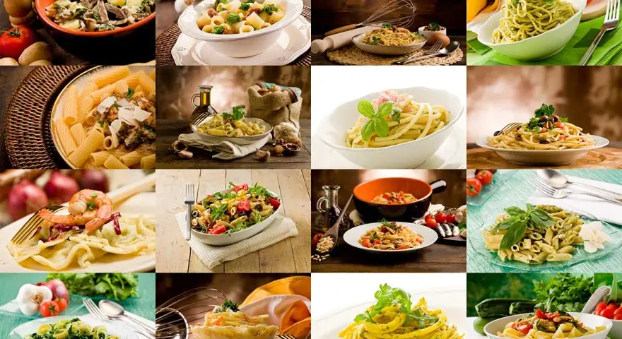 Kolorowy kolaż potraw, każdy talerz to pyszny włoski obiad. Od klasycznego spaghetti po dania z owocami morza i warzywami.