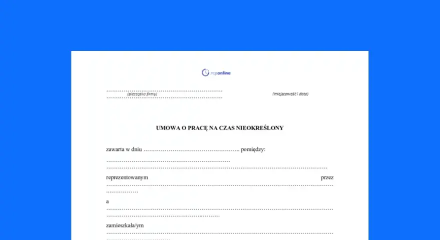 Wzór umowy o pracę na czas nieokreślony, zawierający pola do wpisania danych pracodawcy i pracownika, a także zakres obowiązków pracownik biurowy.