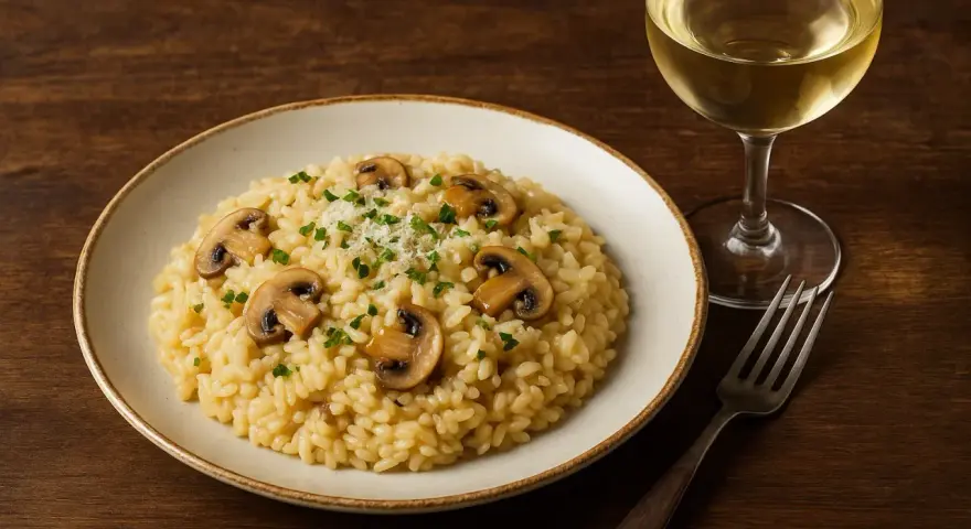 Kremowe risotto z grzybami i kieliszek białego wina. Idealne połączenie, jeśli zastanawiasz się, jakie wino do risotto.