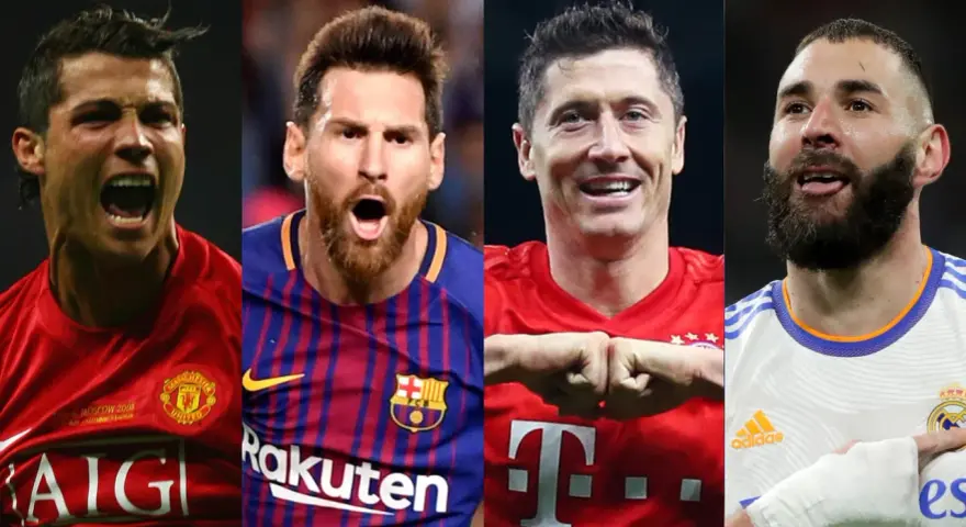 Ronaldo, Messi, Lewandowski y Benzema, cuatro leyendas de la Champions League, celebran sus triunfos.