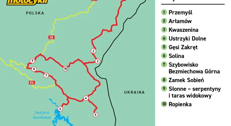 Mapa motocyklowej trasy przez Polskę, z zaznaczonymi punktami takimi jak Ustrzyki Dolne, Jezioro Solińskie i serpentyny w Słonne.