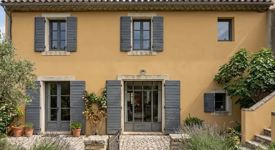 Façade d'une maison provençale à l'enduit à la chaux ocre, avec volets gris et végétation luxuriante.