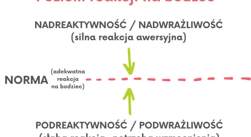 Diagram ilustruje poziom reakcji na bodźce: nadreaktywność (silna reakcja), norma (adekwatna reakcja) i podreaktywność (słaba reakcja, potrzeba wzmocnienia).