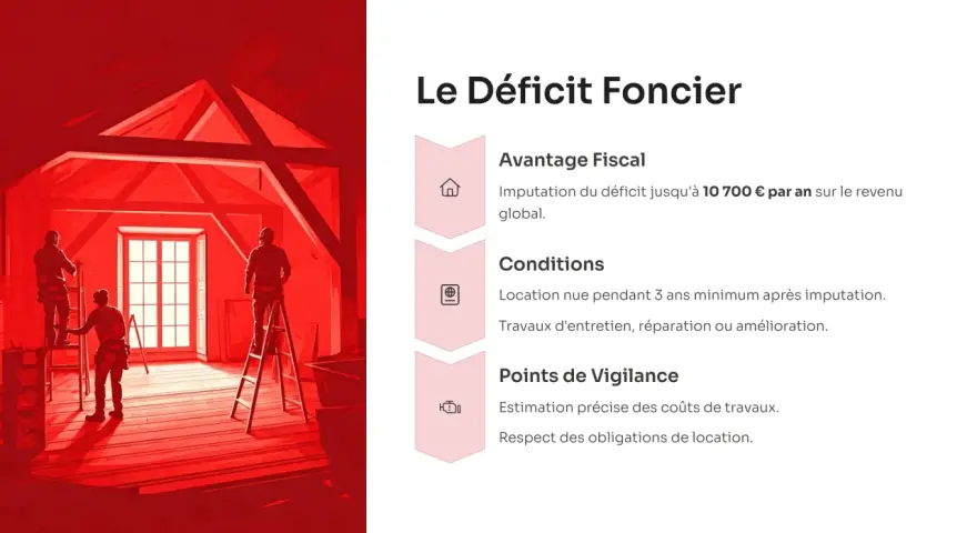Travaux dans un grenier rougeoyant, avec des ouvriers sur des échelles. Le texte explique le déficit foncier, avec une imputation jusqu'à 10 700 € par an sur le revenu global.