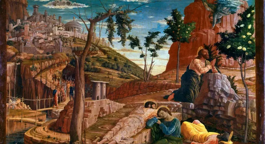 Jesus im Garten Gethsemane betet, während seine Jünger schlafen. Eine Engelsgestalt erscheint. Im Hintergrund eine Stadt.
