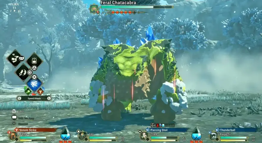 En Monster Hunter Stories 3, un Feral Chatacabra verde y rocoso se enfrenta a un equipo.