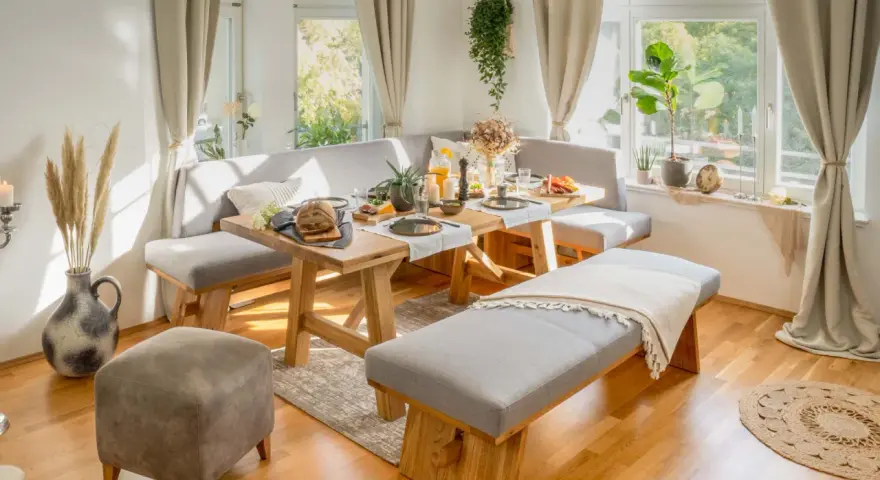 Moderne eckbank ideen für gemütliche Essbereiche. Ein Holztisch mit rustikalen Beinen, gepolsterte Sitzbänke und ein Hocker schaffen einladende Atmosphäre.