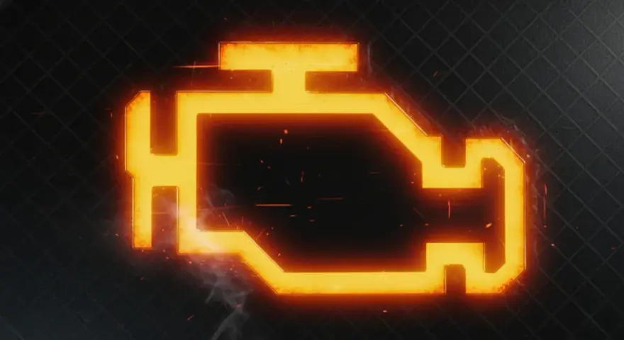 Die Motorleuchte leuchtet orange und zeigt ein Warnsymbol. Rauch und Funken deuten auf ein Problem hin.