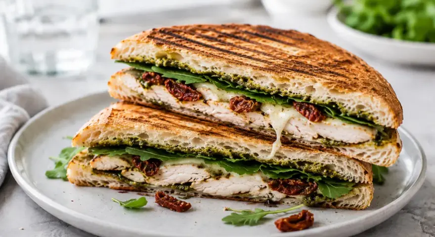 Pyszne panini z kurczakiem, rukolą, suszonymi pomidorami i pesto. Idealny przepis na szybki obiad.
