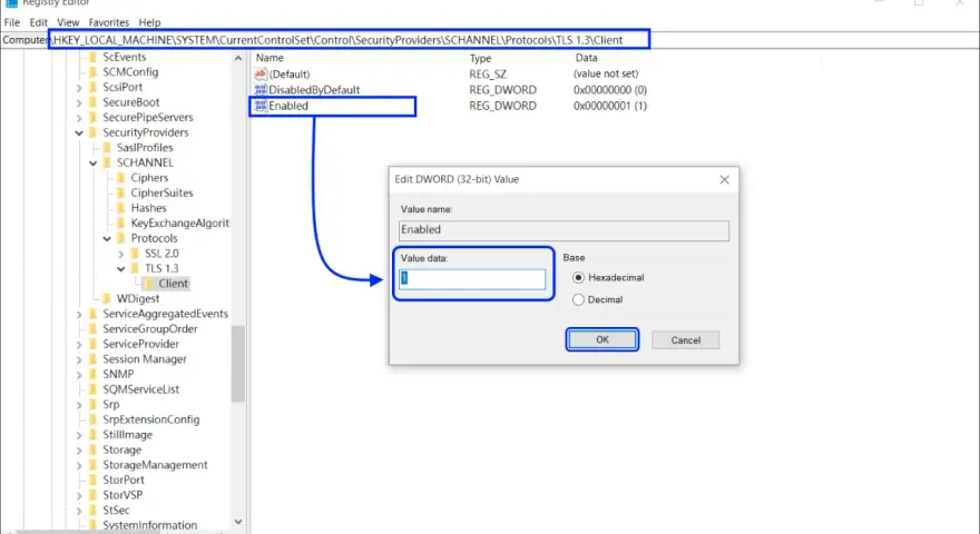 Registry Editor shows how to disable TLS 1.3 by changing the "Enabled" value data to 0.