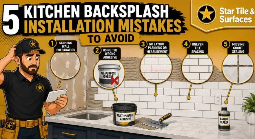 Learn how to install a backsplash in the kitchen by avoiding 5 common mistakes: poor prep, wrong adhesive, no planning, uneven spacing, and missing grout sealing.