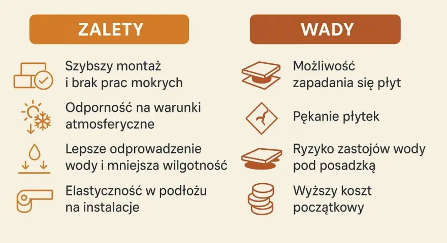 Taras wentylowany: wady to ryzyko zapadania się płyt, pękanie, zastój wody pod posadzką i wyższy koszt początkowy.