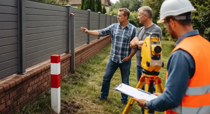 Geodeta mierzy teren, gdzie sąsiad postawił płot na mojej działce.