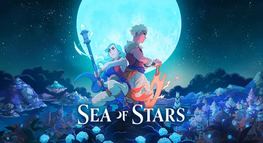Dos héroes, un bastón y una espada llameante, bajo una luna gigante. ¡Una guía para Sea of Stars!