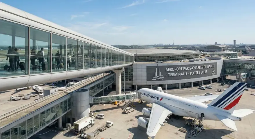 Avión de Air France en el aeropuerto Charles de Gaulle, Terminal 1. Pasajeros en la pasarela de cristal.