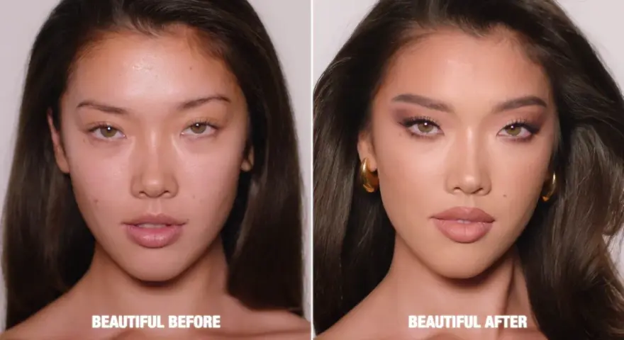 Vorher/Nachher-Vergleich: Natürliches Gesicht verwandelt sich in ein glamouröses 90er Make-up mit Smokey Eyes und matten Lippen.