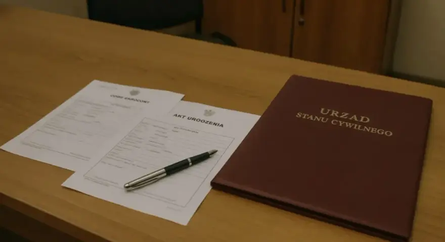 Akt urodzenia i okładka Urzędu Stanu Cywilnego na drewnianym biurku.