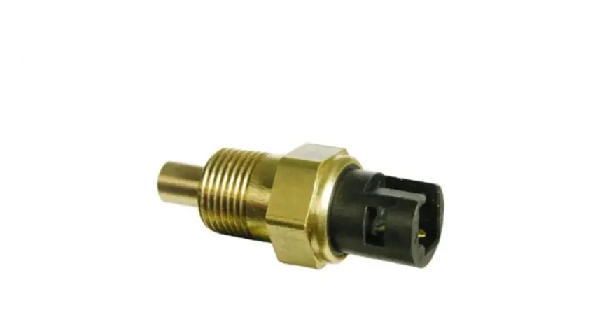 A brass automotive sensor with a black connector, likely a faulty coolant temperature sensor, isolated on a white background.