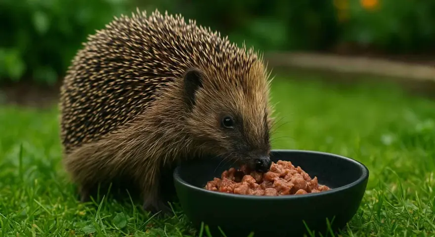Jeż w ogrodzie zajada mokrą karmę z miseczki. Dowiedz się, czym karmić jeża w ogrodzie, by mu pomóc.