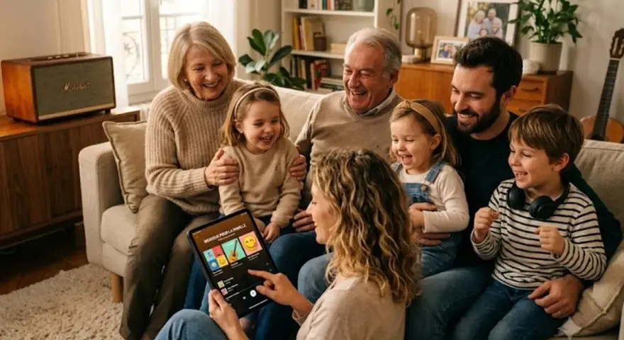 Une famille rit en choisissant un style de musique sur une tablette, créant une ambiance joyeuse.
