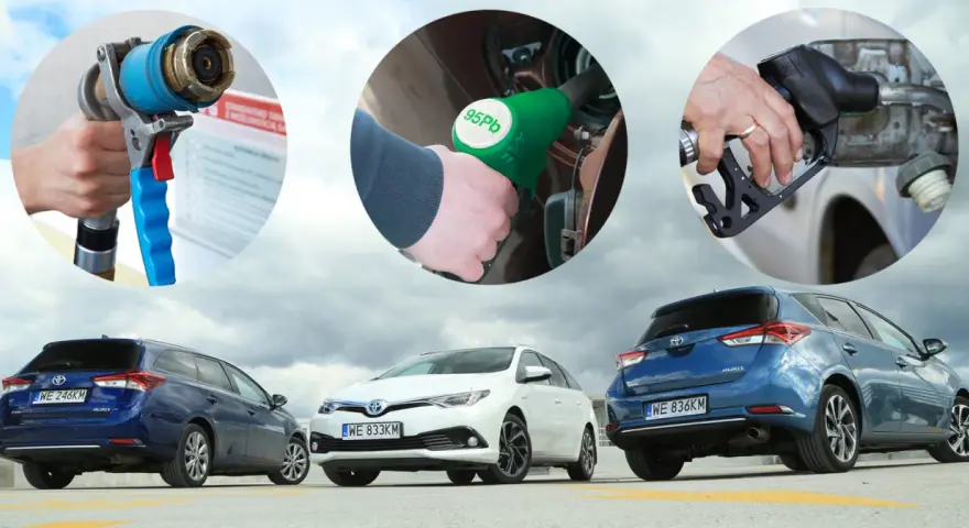 Tankowanie samochodów: pistolety do paliwa, w tym do diesla, i trzy auta Toyota Auris.
