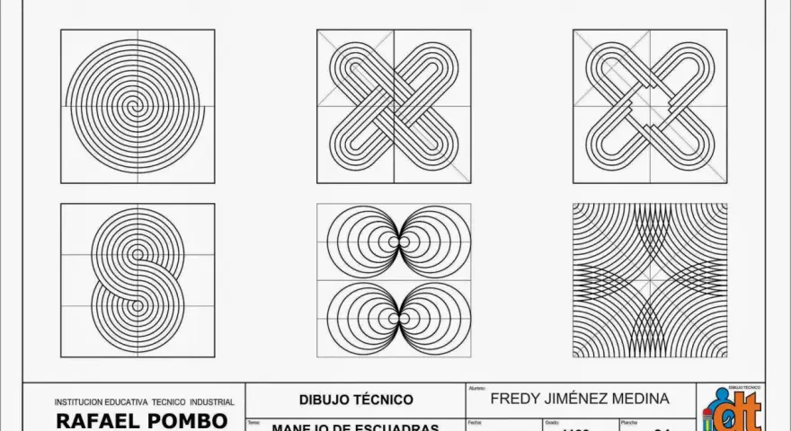 Dibujo técnico que demuestra el manejo de escuadras con diseños geométricos, incluyendo espirales y nudos.