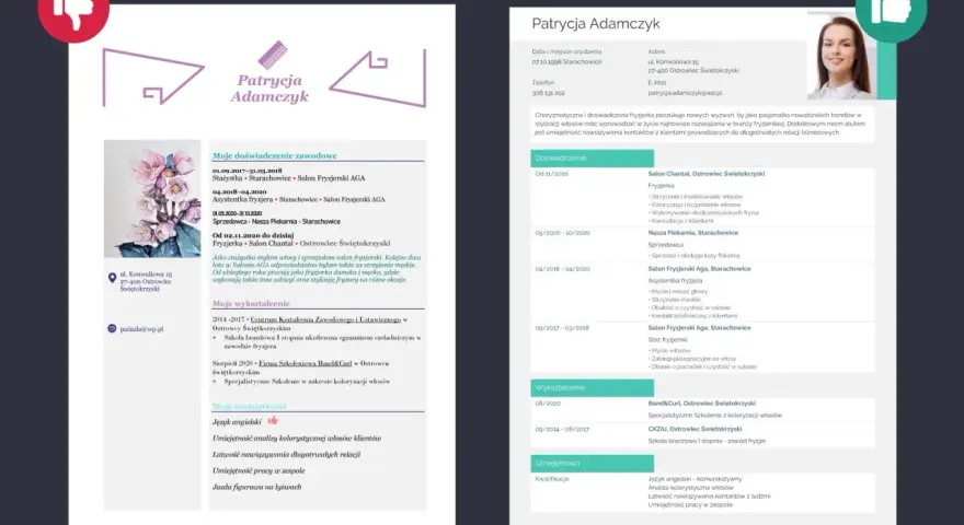CV fryzjera wzór: Patrycja Adamczyk, fryzjerka z doświadczeniem, poszukuje nowych wyzwań w branży.