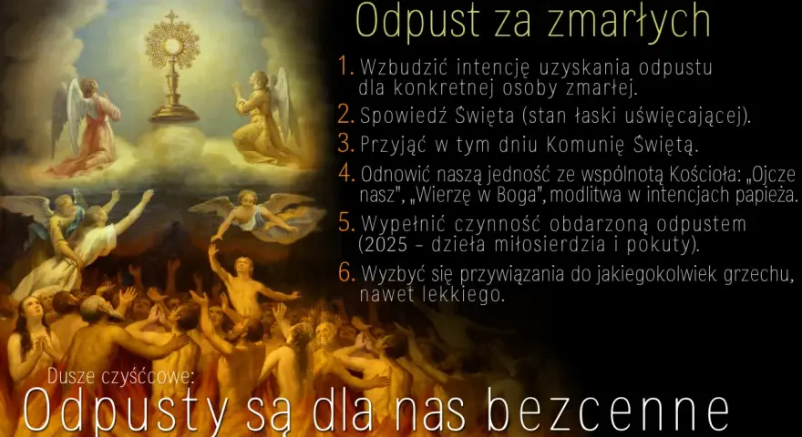 Aniołowie i dusze w niebie adorują monstrancję. Obraz symbolizuje modlitwę, która zawsze zostaje wysłuchana, niosąc ulgę duszom czyśćcowym.