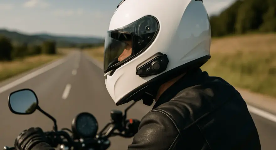 Motociclista con casco blanco y un intercomunicador moto legal, disfrutando de un viaje por carretera.