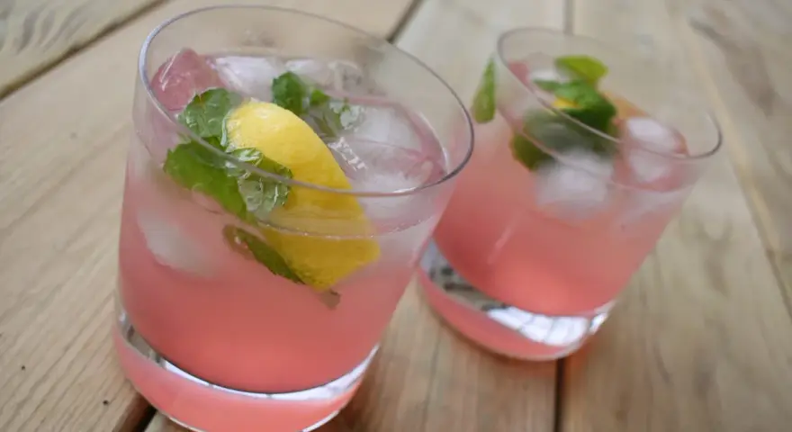 Två glas med rosa rabarberdrink, is, citron och mynta på träbord.