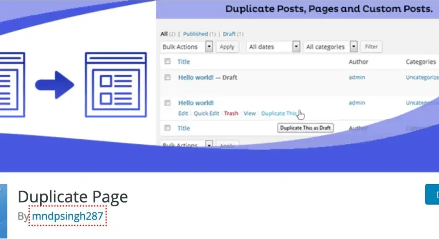 Icône montrant la duplication d'une page WordPress. L'interface affiche l'option "Duplicate This" pour créer une copie.