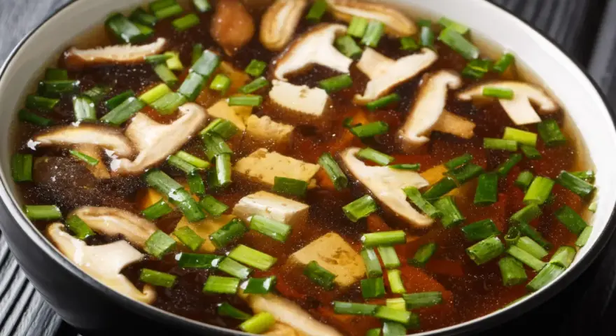 A miska zupy miso z kawałkami tofu, grzybami shiitake i szczypiorkiem.