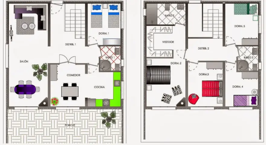 Plano casa feng shui ideal: salón, comedor, cocina, 5 dormitorios, 3 baños, vestidor y porche.