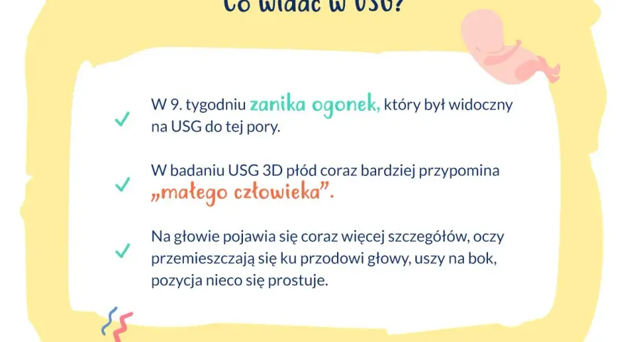 W 9. tygodniu ciąży, który to miesiąc rozwoju, płód na USG przypomina "małego człowieka". Zanika ogonek, pojawiają się szczegóły na głowie.
