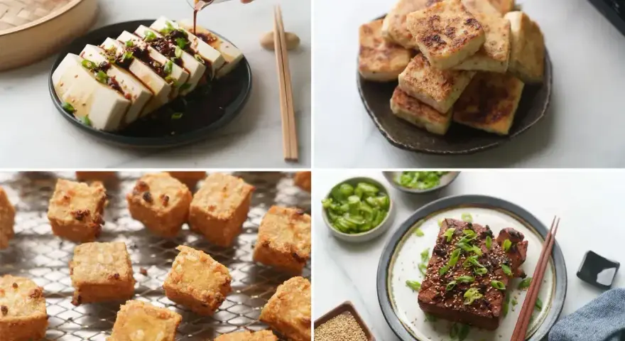Różne sposoby przygotowania tofu: pokrojone w plastry z sosem, smażone kostki, pieczone kawałki i grillowany blok. Tofu co to? Wszechstronny składnik!